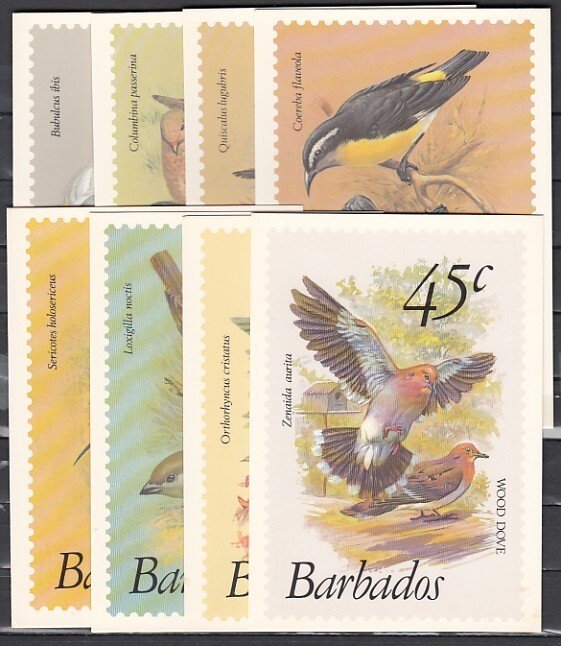 Barbados. Scott cat. 495~507. Bird values on 8 Agency Post Cards. ^