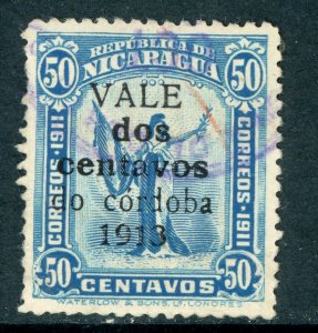 Nicaragua 1913 Liberty Gold Currency 2¢/50¢ Blue Sc 322a Variety do  VFU W906