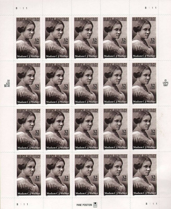 Madam C.J. Walker Black Heritage Sheet of Twenty 32 Cent Stamps Scott 3181 