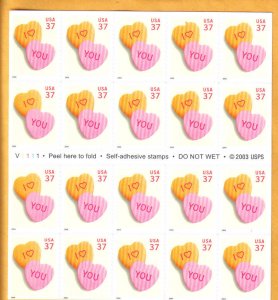 3833a - .37 Love Candy Hearts booklet pane of 20 mnh vf.