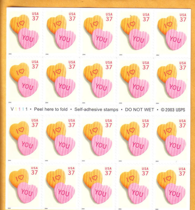 3833a - .37 Love Candy Hearts booklet pane of 20 mnh vf.