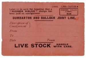 (I.B) Dumbarton & Balloch Joint Line Railway : Parcel Label (Livestock)