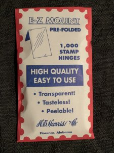 H.E. Harris Prefolded Stamp Hinges E-Z Mount - 1000 Trasparent PRE-FOLDED -- NEW