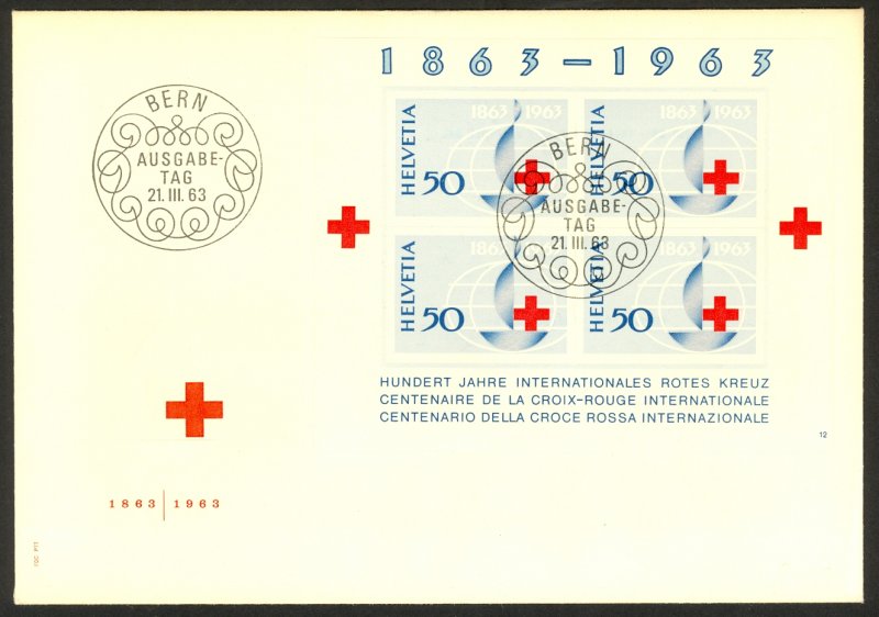 SWITZERLAND 1963 RED CROSS Souvenir Sheet Plate No. 12 on U/A CACHET FDC