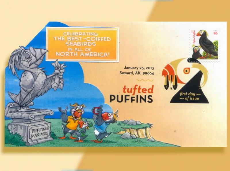 Celebrating the Tuftedest Puffin Ever!  Colorful Pop-Up Cachetoons FDC!