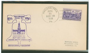 US 835 1938 3c United States/Ratification of the US Constitution (single) on an addressed (hand stamp) with a Eugene Klein cache