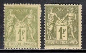 FRANCE — SCOTT 84, 84b — 1877 1 FR. PEACE & COMMERCE, 2 SHADES — MH — SCV $300