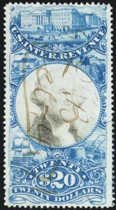 R129, Used $20 (faint crease) Revenue Stamp - With PFC CV $800 * Stuart Katz