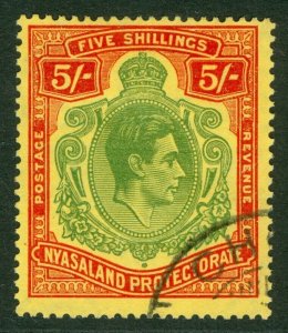 SG 141a Nyasaland 1938-44. 5/- green & red. Very fine used CAT £150