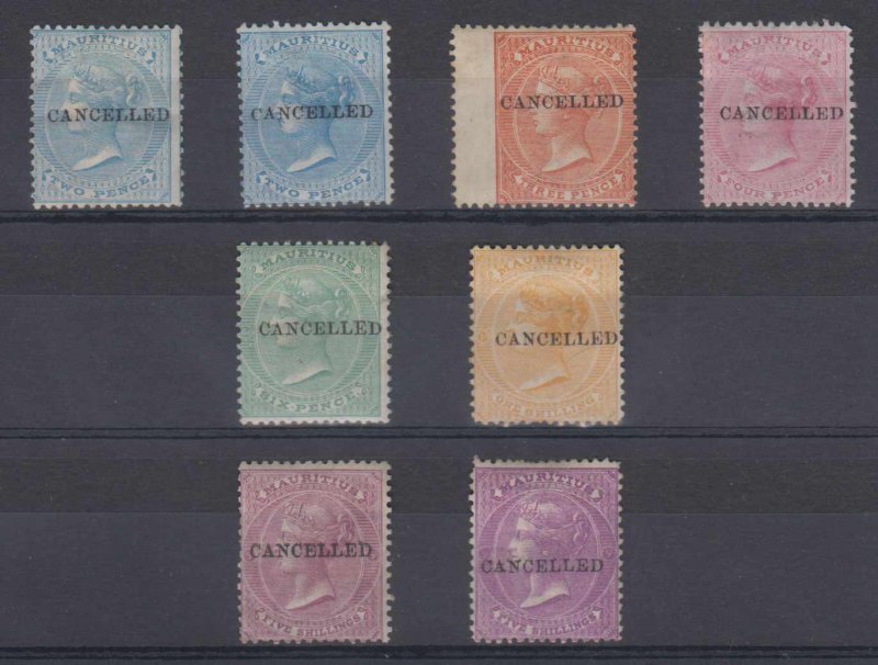 BC MAURITIUS 1863-72 QV Sc 33-35, 37, 39, 41, 41a CANCELLED MINT/UNSD SCV$827+