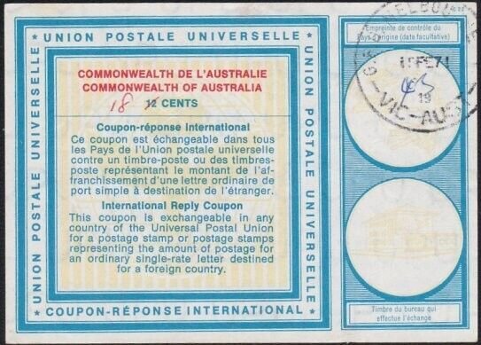 AUSTRALIA 1971 12c International Reply Coupon changed to 18c   -...........A6832