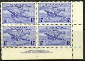 CANADA 1943 17c Trans Canada Airplane AIRMAIL SP DELIVERY Sc CE2 Plate Block MH