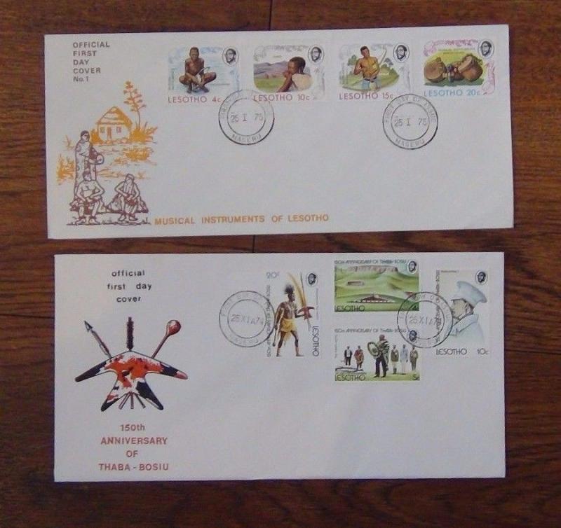 Lesotho FDC x 10 1973 1976 Red Cross Instruments UPU Bridges Food Siege Youth 