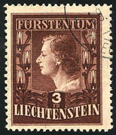 Liechtenstein #260 (Mi. 305A) Cat€150, 1951 3fr dark red brown, perf. 12 1/...