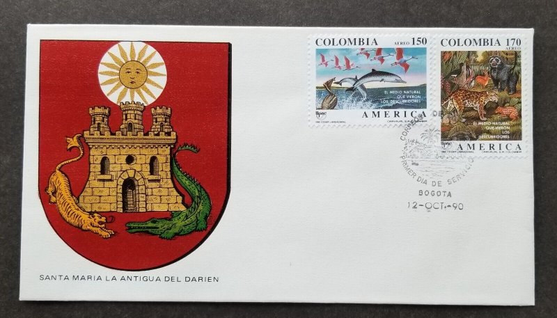 Colombia Nature Discovery 1990 Dolphin Marine Forest Wildlife Bird Rabbit (FDC)