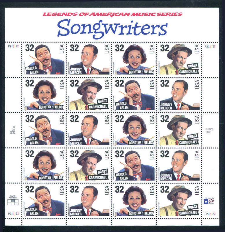 Songwriters 32¢ Sheet of 20 Stamps MNH  3100 - 3103