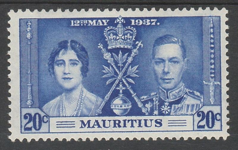 MAURITIUS 1937 KGVI CORONATION 20C VARIETY LINE THROUGH SWORD