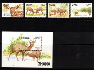 Ghana Sc 927-30, 932 MNH Set & S/S of 1984 - WWF - Animals - HY06