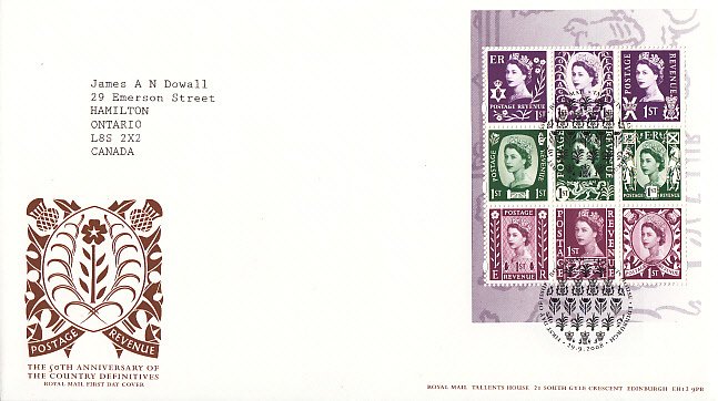 Great Britain 2008 FDC Sc #2600s Pane of 9 Country Definitives 50th ann