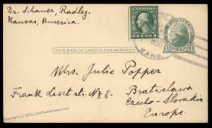 USA 1920 RADLEY KS 4-Bar Bratislava Czechoslovakia Cover Postal Card 88908