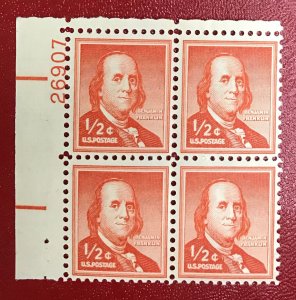 1954 US Sc 1030 MNH Plate Block 1/2 cent Benjamin Franklin CV$1.20 Lot 1870