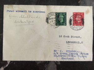 1937 Lerwick England to Aberdeen airmail First Flight Cover FFC Forwarded