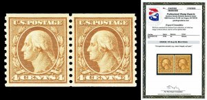 Scott 457 1915 4c Washington Coil Pair Mint Graded XF-Sup 95 NH with PSE CERT!