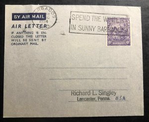 1954 Barbados Air Letter Stationery COver To Lancaster PA USA