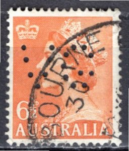 Australia 1954; Sc. # 258B; Used Single Stamp w/Perfins