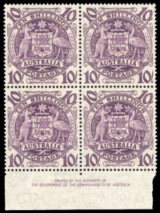 Australia #219 Cat$116, 1949 10sh red violet, imprint block of four, never hi...