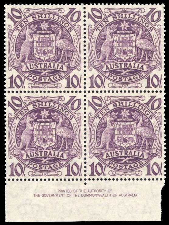 Australia #219 Cat$116, 1949 10sh red violet, imprint block of four, never hi...