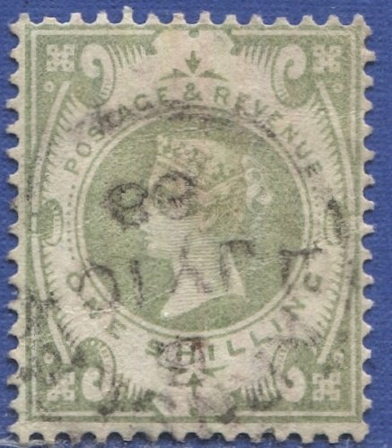 GB 1887  Sc 122  1sh green Used, F-VF,  cv $72.50 / SG 211