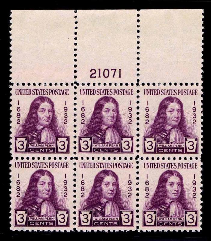 US.# 724 .03c WILLIAM  PENN ISSUE - PB OF 6 - OGNH - VF $12.50 (ESP#8616)