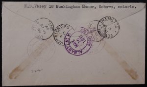 1937 Canada #224 Registered Mail Oshawa, Ontario to Albany NY RPO