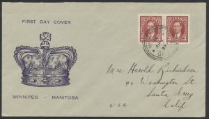1937 #233 3c George VI Mufti FDCPair Large Blue Crown Cachet Winnipeg Orb
