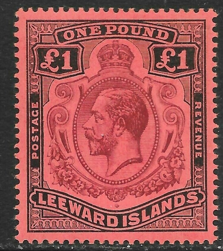 LEEWARD ISLANDS SG80b 1928 £1 PURPLE & BLACK ON RED CROWN&SCROLL VAR MTD MINT