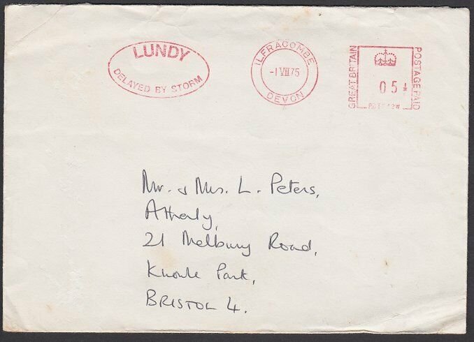 GB LUNDY 1975 cover - Puffin stamps - DELAYED BY STORM......................F836