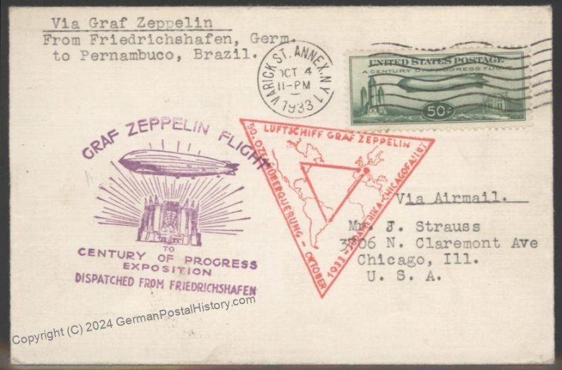 USA 1933 Graf Zeppelin Si241B Century of Progress C18 Cover Recife Friedr 103369