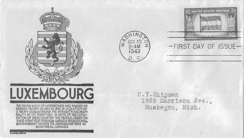 1943 FDC, #912, 5c Overrun Country - Luxembourg, Anderson