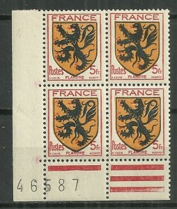 1944 France #467 Arms of Flanders MH plate block of 4