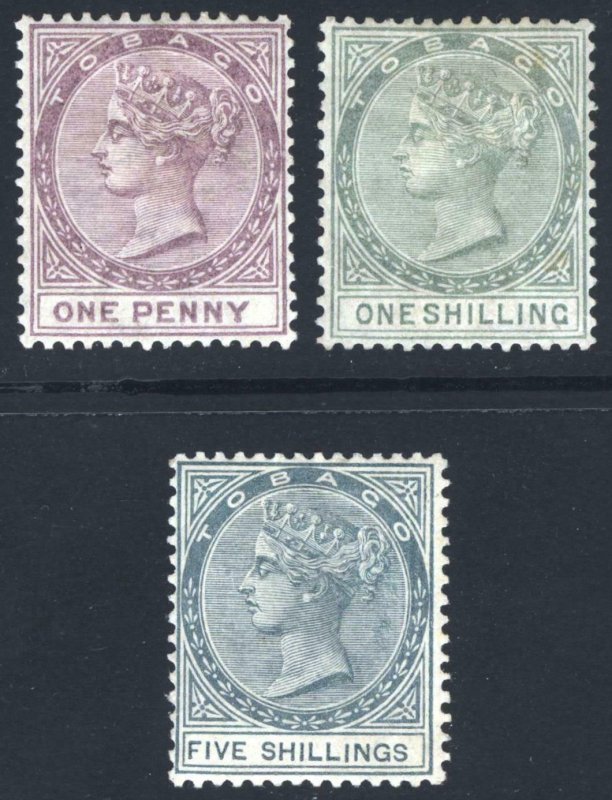 Tobago 1884 1d, 1s & 5s REVENUE Watermark Crown CA SG- Scott- MM/MH Cat £-($-)