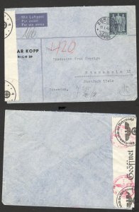 SWITZERLAND TO SWEDEN - GERMANY CENSORSHIP AIRMAIL COVER - 1943.