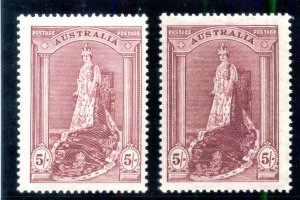 Australia 1938 KGVI 5s in both listed shades superb MNH. SG 176, 176a.