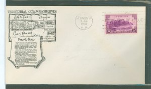US 801 1937 3c puerto rico, part of the possession series, on an unaddressed first day cover with an anderson cachet