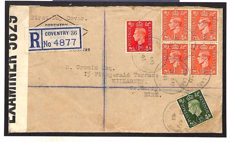 GB 1941 PALE COLOURS FDC 1d Block{4} 1d Dark Coventry ECENSORED Cover MS2947