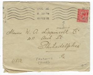 1916 Great Britain To USA WW1 Censored Cover - Machine Cancel - See Rev  (RR147)