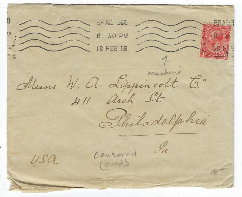 1916 Great Britain To USA WW1 Censored Cover - Machine Cancel - See Rev  (RR147)