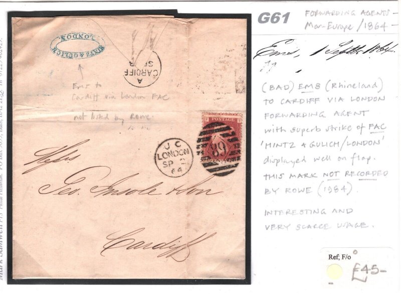 RHINELAND GB WALES MAIL Bad Ems FORWARDED London AGENT CACHET 1d Red Cardiff G61