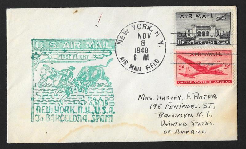 UNITED STATES First Flight Cover 1948 New York to Barcelona