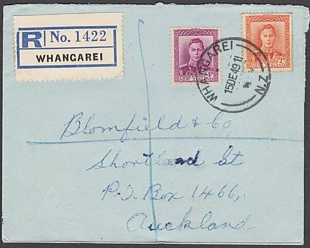 NEW ZEALAND 1949 GVI 6d rate Registered cover ex WHANGAREI..................B592